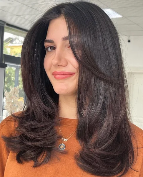 Deep Brunette Medium Layers with Voluminous Flip