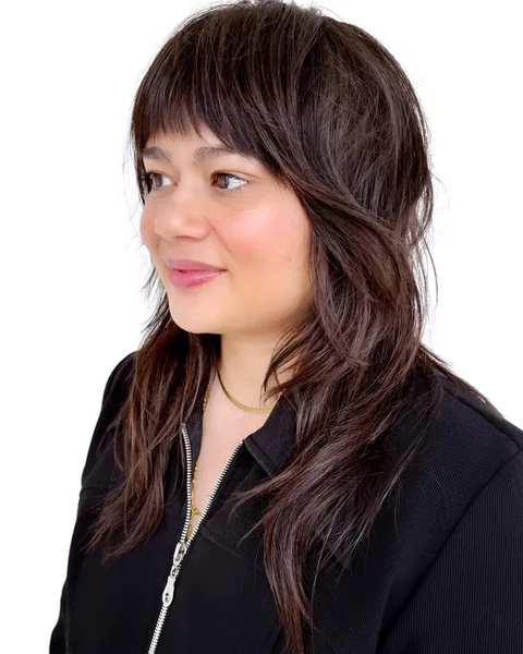 Deep Brunette Textured Shag with Full Choppy Fringe