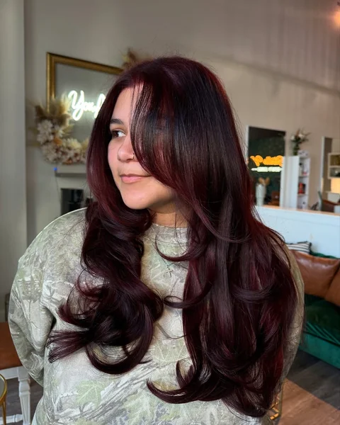 Deep Burgundy Layers with Soft Curtain Fringe