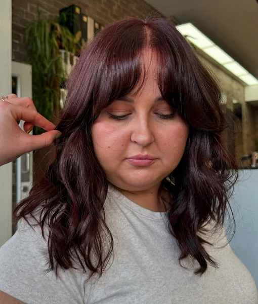 Deep Burgundy Shag with Wispy Curtain Bangs
