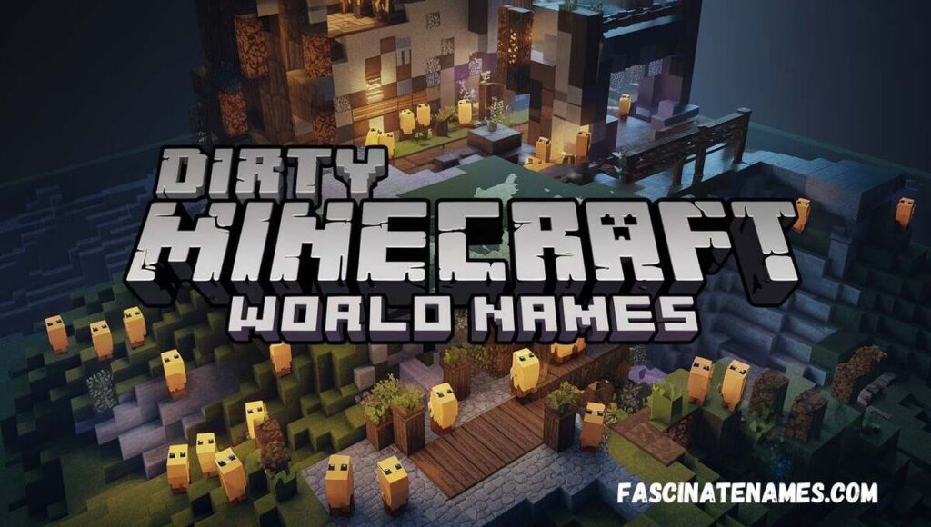A vibrant graphic showcasing different Minecraft world names in playful, block-style lettering on a pixel art backdrop.