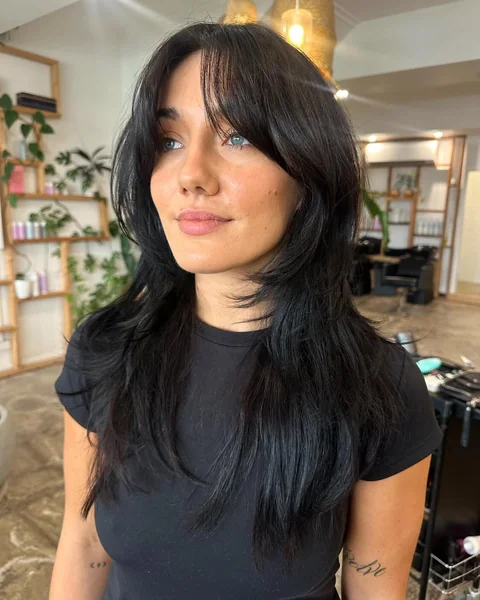 Dramatic Black Choppy Shag with Long Curtain Bangs