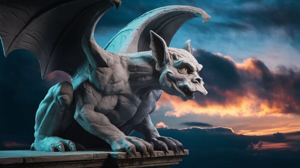 A gargoyle statue perched on a cliff, silhouetted against a vibrant sunset sky.