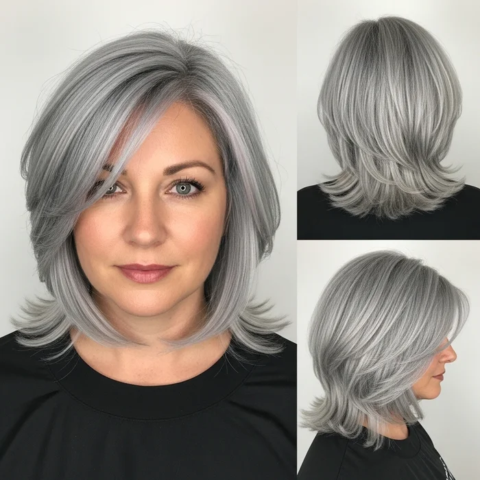 Feathered Silver Bob Hairstyle