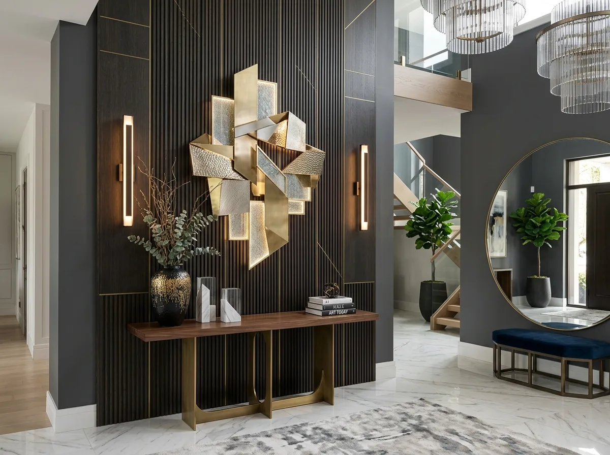 Luxury foyer decor ideas with modern entryway table, elegant lighting, stylish mirror, and cozy neutral home accents