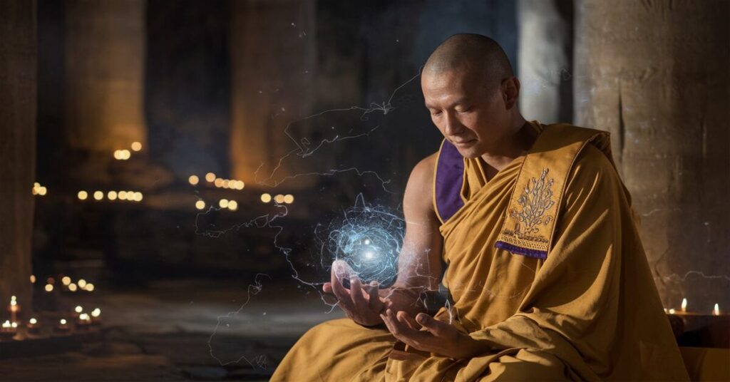 A serene monk cradles a glowing orb in his hands, radiating a soft, mystical light.