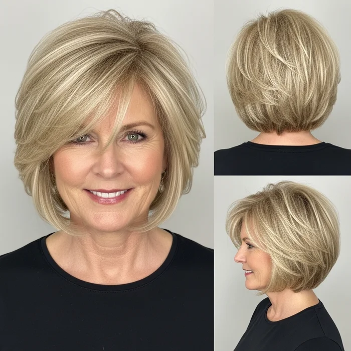 Honey Blonde Feathered Bob for Women Over 50