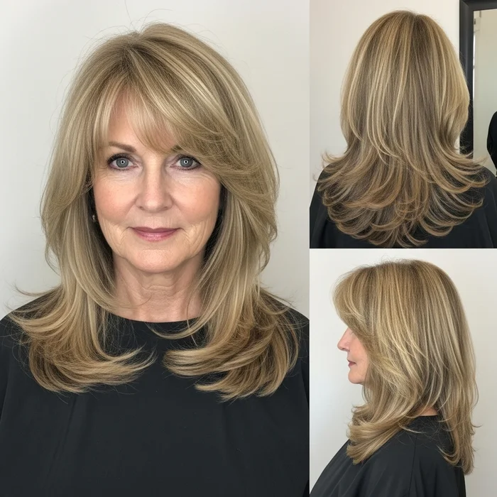 Honey-Blonde Layers With Bangs For Women Over 60