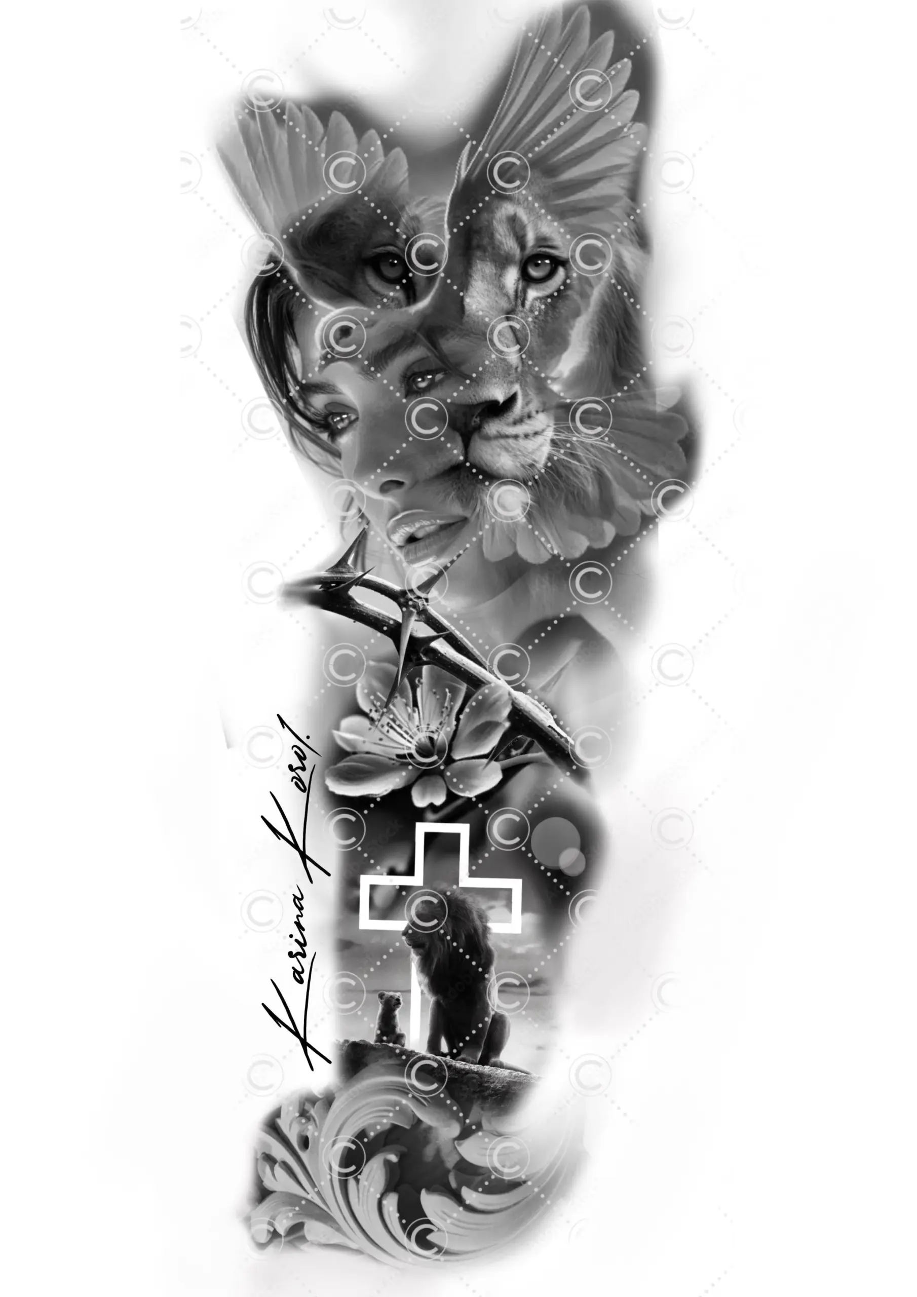 Lion & Lady leg/hand sleeve tattoo design - Karina