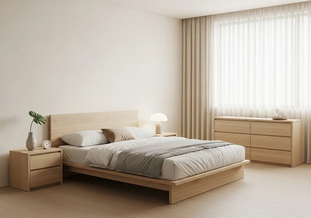 Minimalist bedroom decor with light wood furniture and neutral colors for a serene atmosphere.