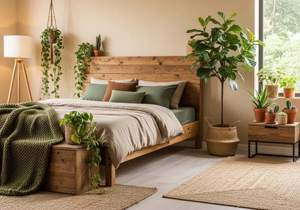 Nature-inspired bedroom decor with plants, wooden furniture, and earthy tones for a calming space.