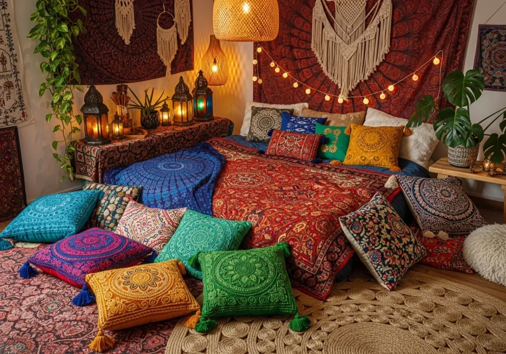 Bohemian bedroom decor with vibrant rugs, cushions, and eclectic lighting creating a cozy, free-spirited vibe.