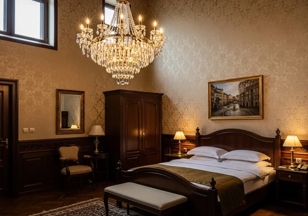 Luxury bedroom decor with velvet bedding, jewel tones, and a crystal chandelier for an elegant and opulent atmosphere.