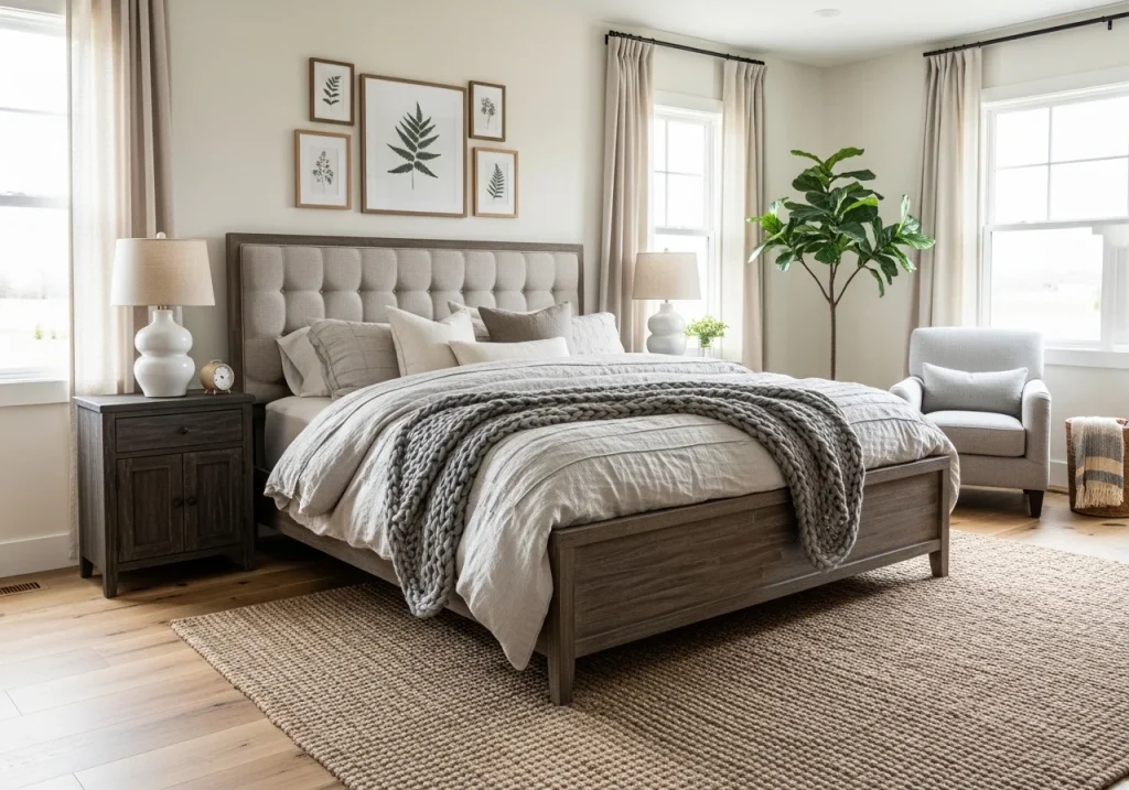 Modern farmhouse bedroom decor featuring rustic wood furniture, soft linens, and a cozy neutral color palette.