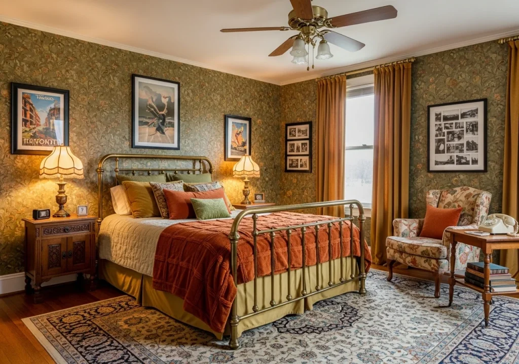 Vintage bedroom decor with an antique bed frame, retro color schemes, and vintage lighting for a nostalgic charm.