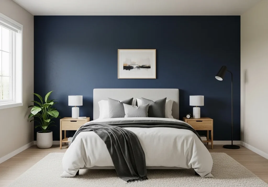 Bold bedroom wall decor with a deep blue accent wall and neutral furniture creating a striking visual appeal