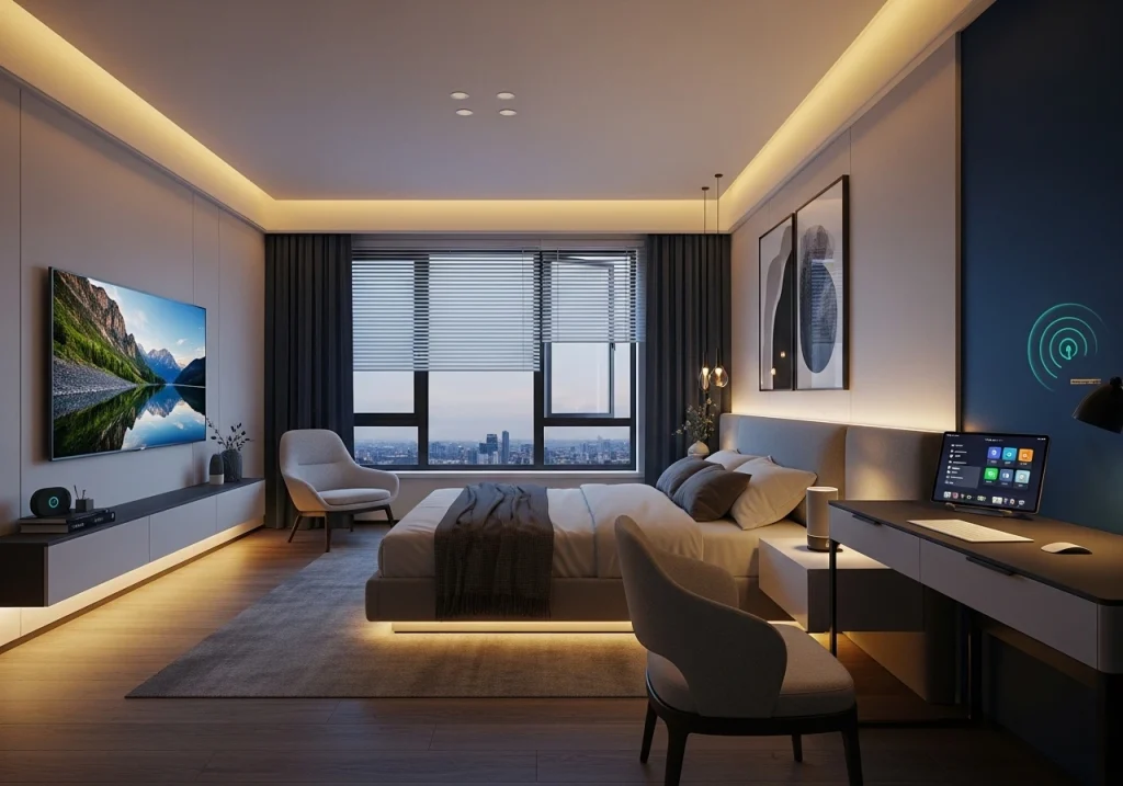 Smart bedroom decor with voice-controlled devices, smart lighting, and modern furnishings for a high-tech space.