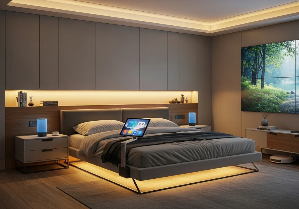 Smart bedroom decor with voice-controlled devices, smart lighting, and modern furnishings

