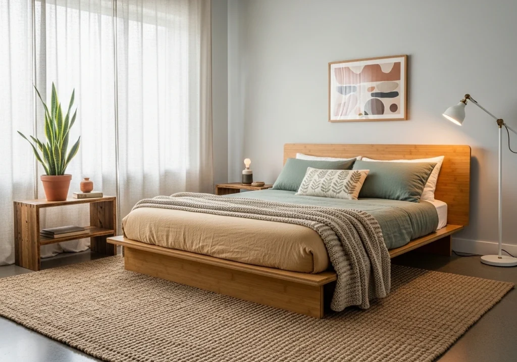Sustainable bedroom decor with eco-friendly bamboo furniture, organic cotton bedding, and energy-efficient lighting for an environmentally conscious space.