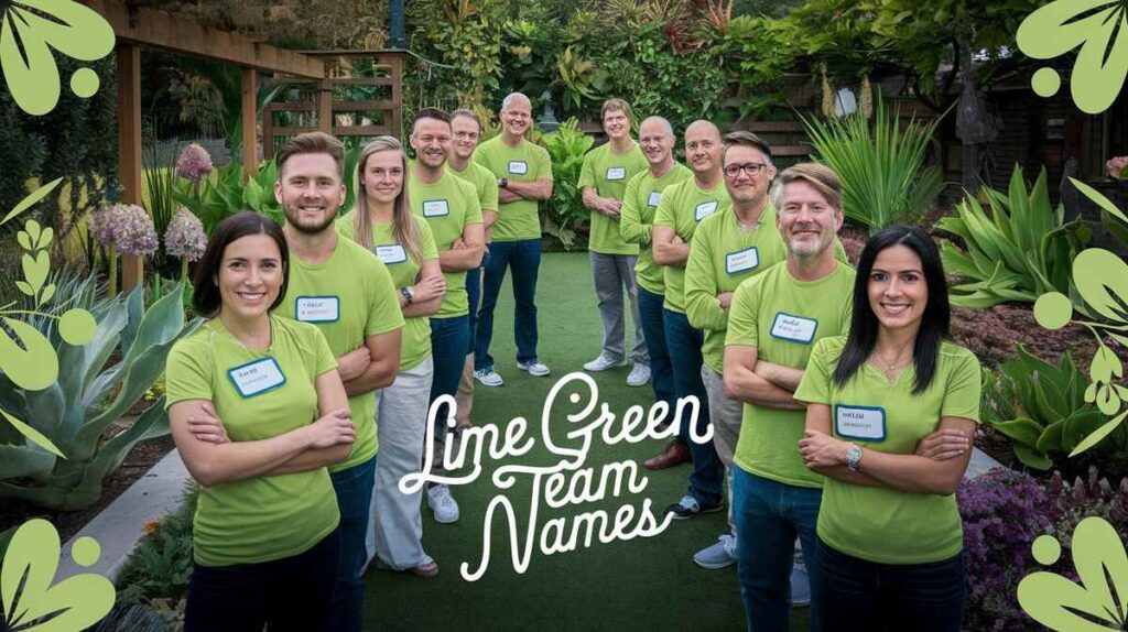 A group of diverse team members brainstorming creative for their green-themed team, smiling and engaged in discussion.