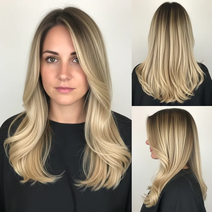 Long Blonde Balayage On Dark Roots