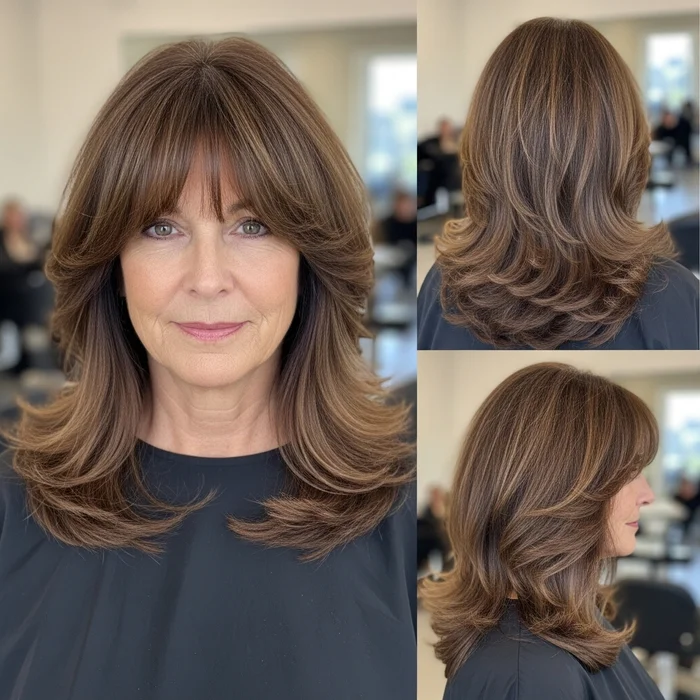 Long Brown Layered Hair With Bangs For Women Over 60