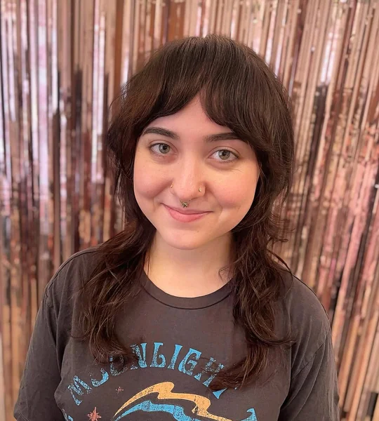 Long Dark Brown Shag with Soft Curtain Bangs