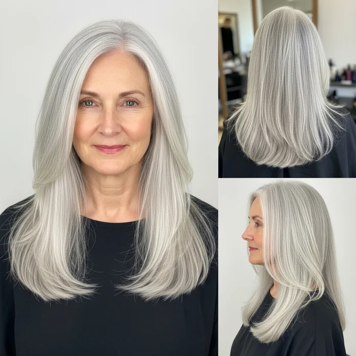 Long Straight Silver Hair For Women Over 60