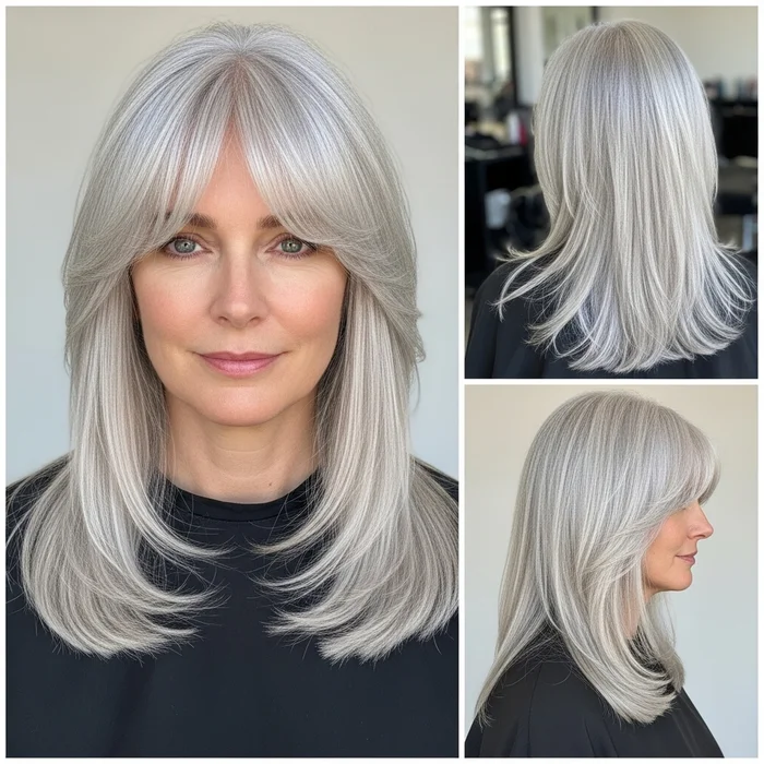 Long Straight Silver Hair With Bangs For Women Over 60