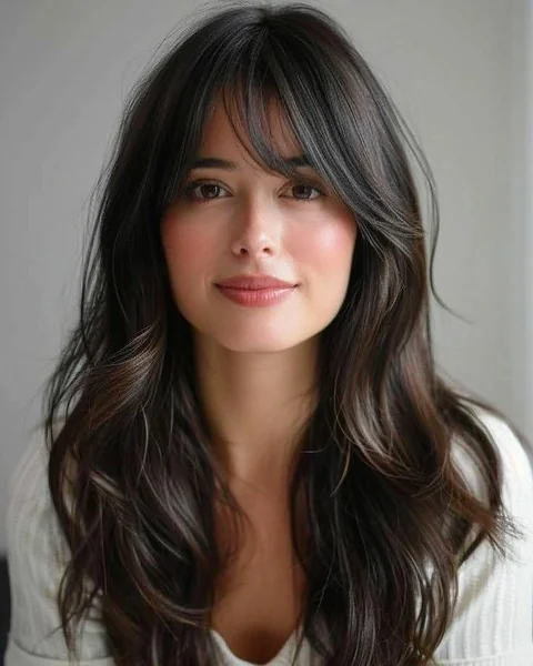 Long Wavy Layers with Soft Brunette Curtain Bangs