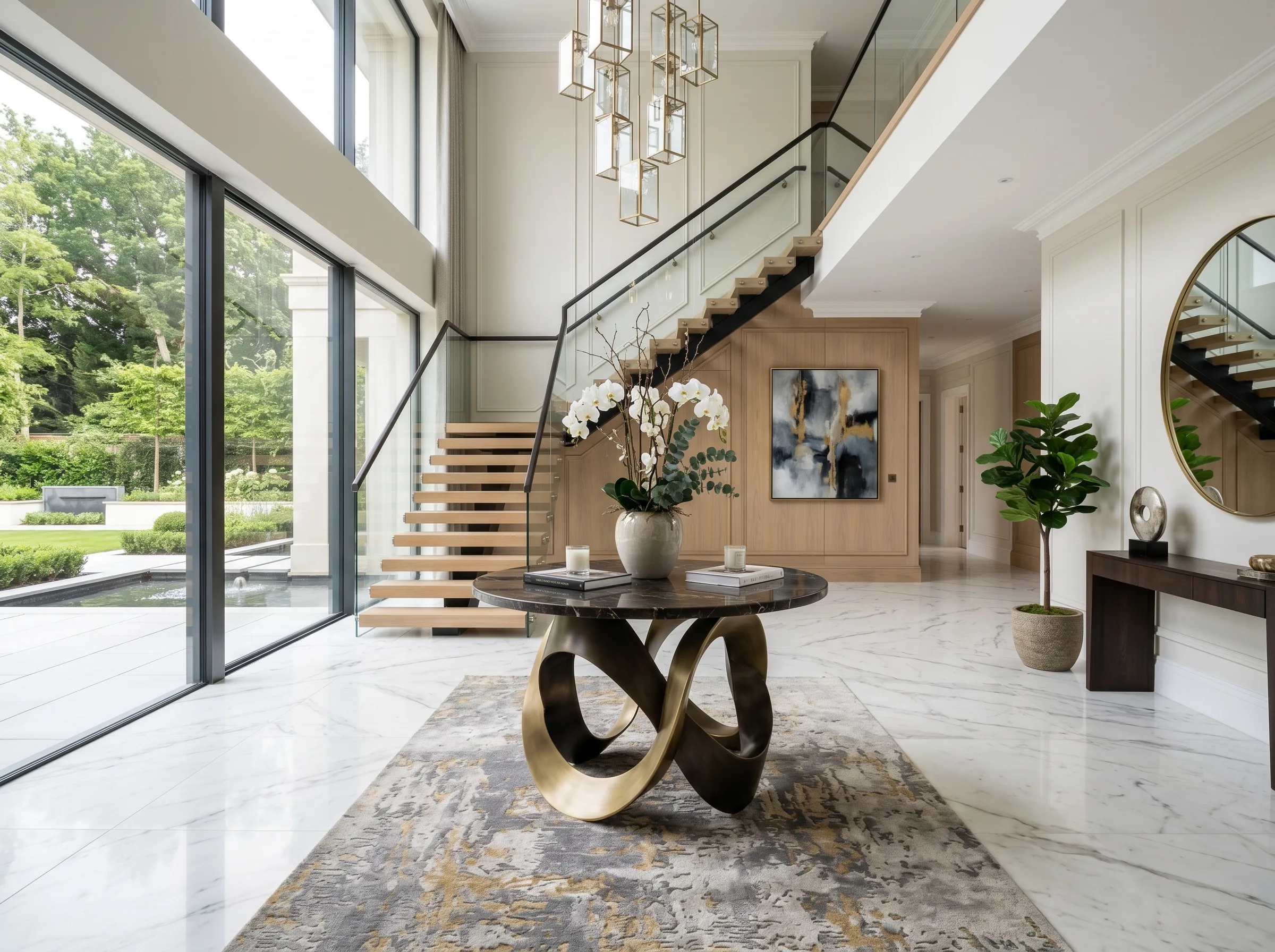 entryway decor ideas with stylish console table, mirror, plants, and warm lighting creating a welcoming home entrance