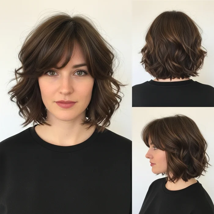 Medium Curly Bob With Side-Swept Bangs