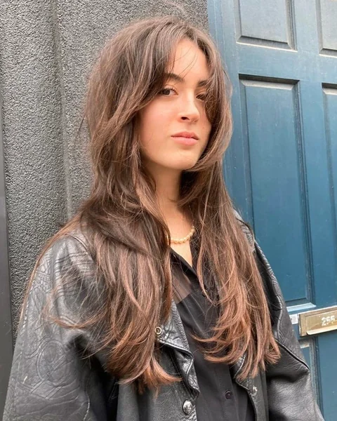 Modern Long Layered Shag with Curtain Bangs