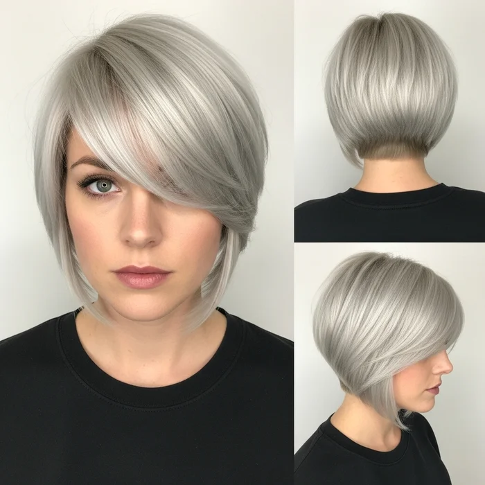 Platinum Blonde Angled Pixie Bob With Long Side Bangs