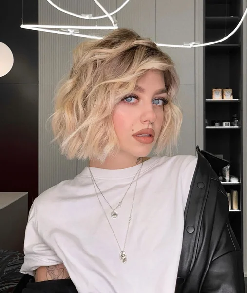 Platinum Blonde Textured Bob with Shadow Root