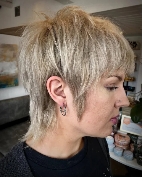 Platinum Textured Shaggy Pixie with Tapered Neck