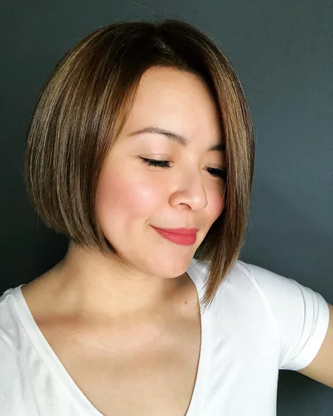 Polished Angled Bob in Warm Caramel Brown
