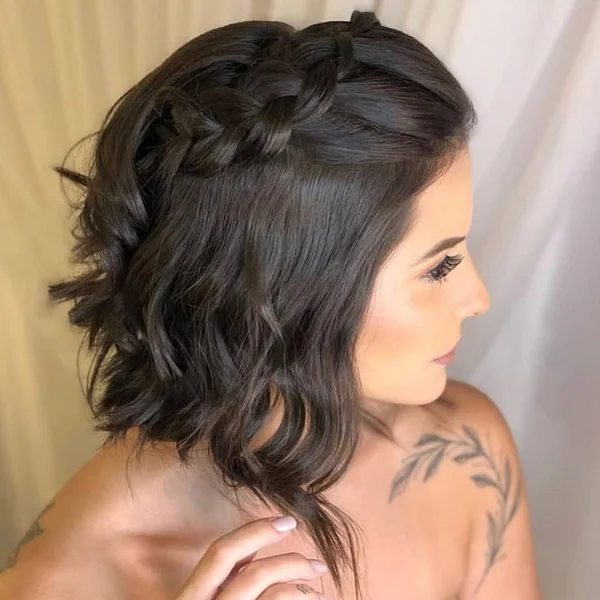 Romantic Deep Brunette Wavy Bob with Crown Braid