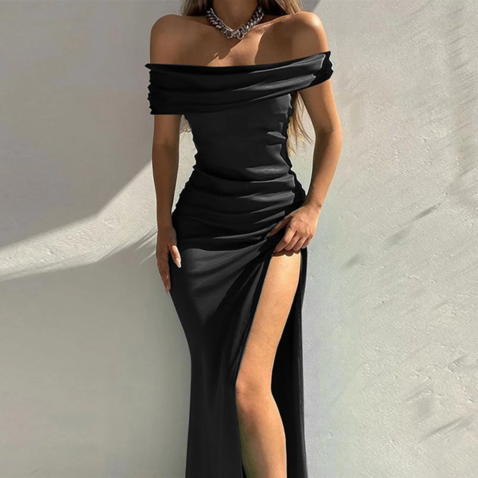 Elegant Dresses For Women Fashion Solid Color Short Sleeve One Neck Hi