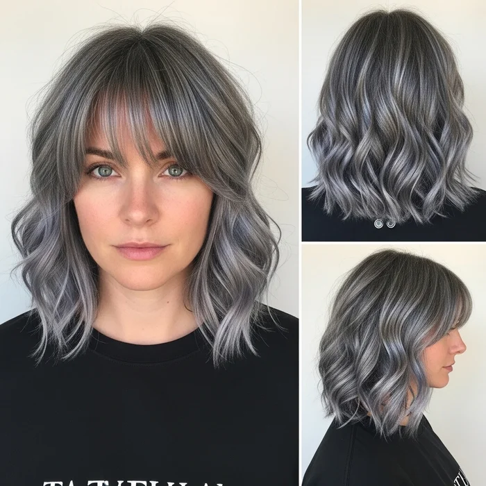 Salt and Pepper Wavy Bob with Bangs