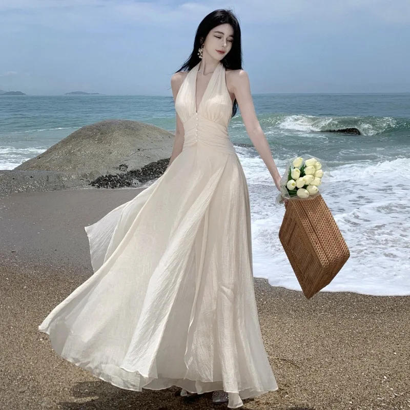 Summer Sleeveless Halter Long White Maxi Dress Elegant Tight Waist ...
