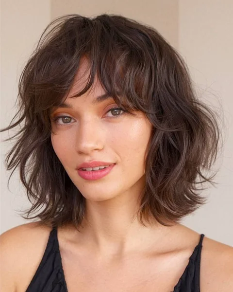 Shaggy Dark Bob with Wispy Curtain Bangs