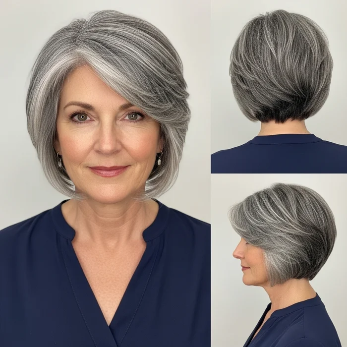 Short Salt And Pepper Layered Bob For Women Over 50