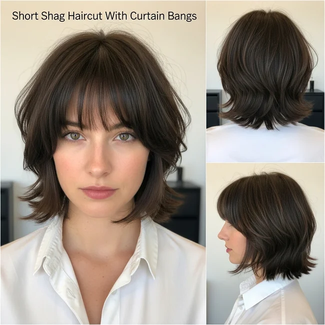 Short Shag Haircut With Curtain Bangs