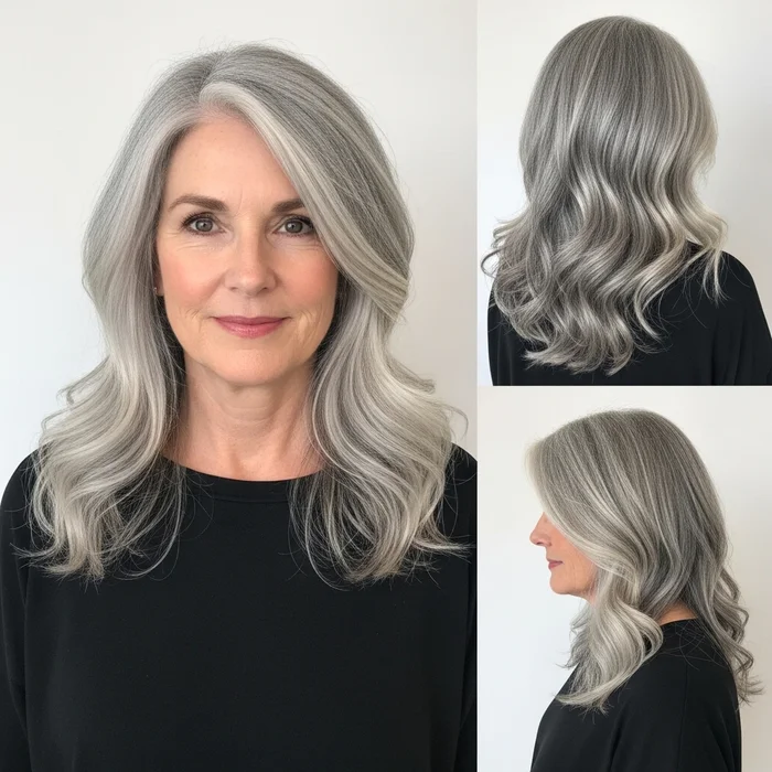 Side-Parted Gray Waves For Women Over 60