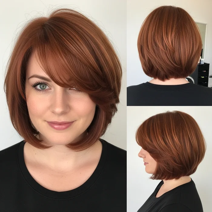 Side-Swept Copper Layered Bob for Fine Hair