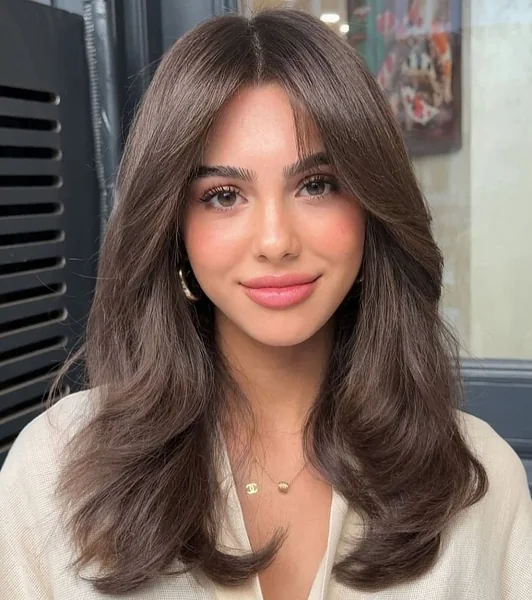 Silky Brunette Blowout with Long Curtain Bangs