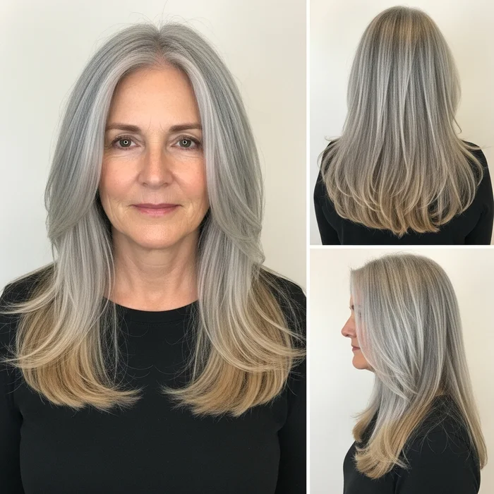Silver-Blonde To Light Brown Ombre Long Hair