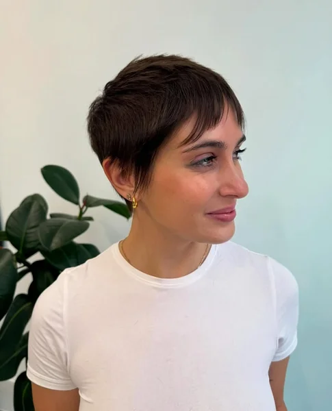 Sleek Deep Brown Pixie with Soft Micro-Fringe