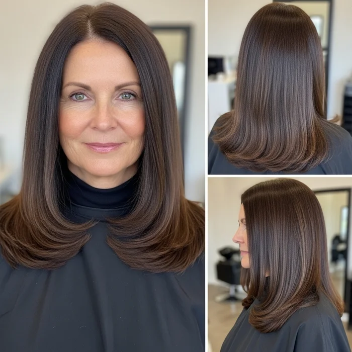 Sleek Long Brunette Hair For Women Over 60